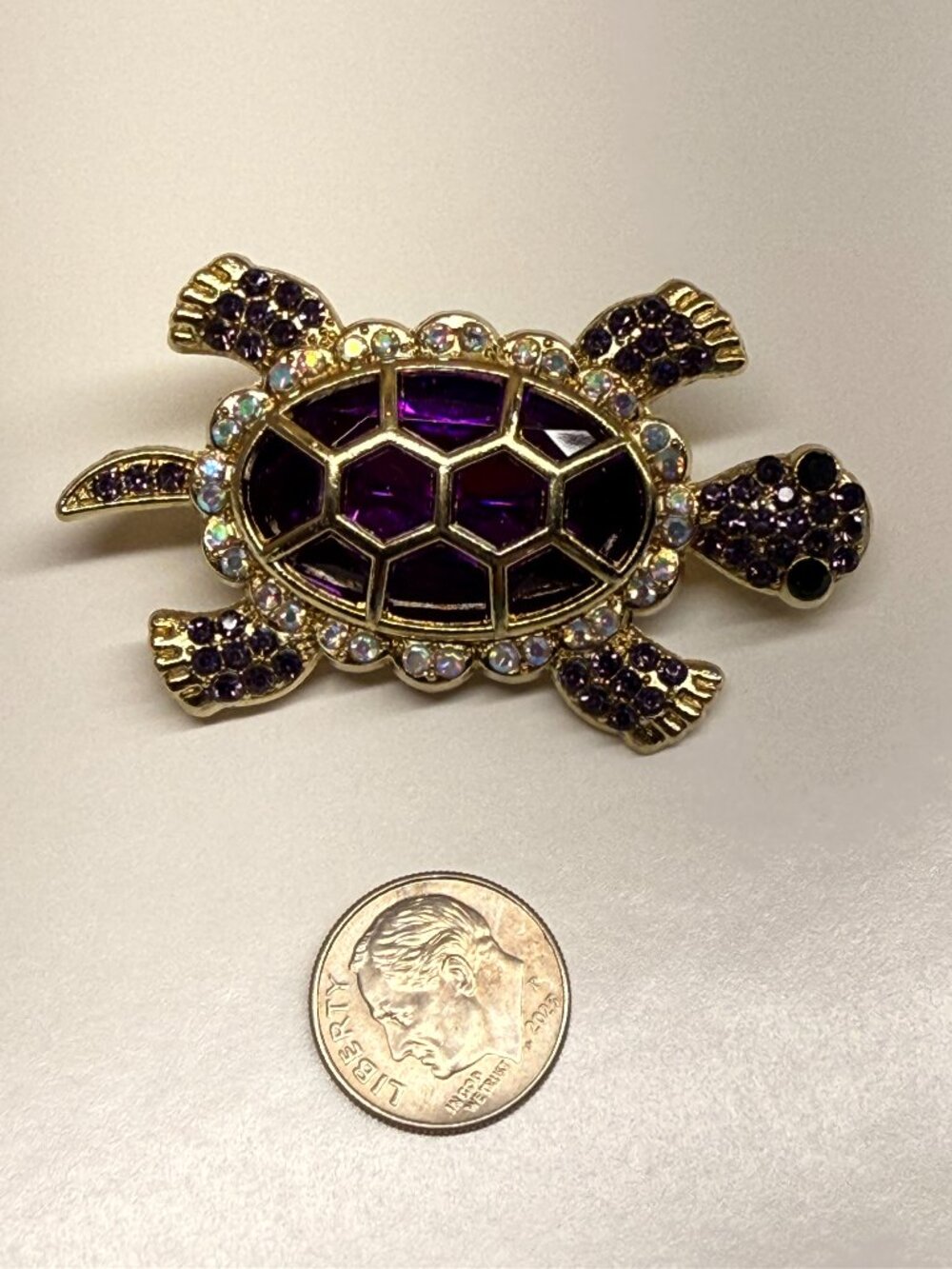 Beautiful Gold Purple Turtle Brooch with Rhinestones Measures 2.5" x 1.25"